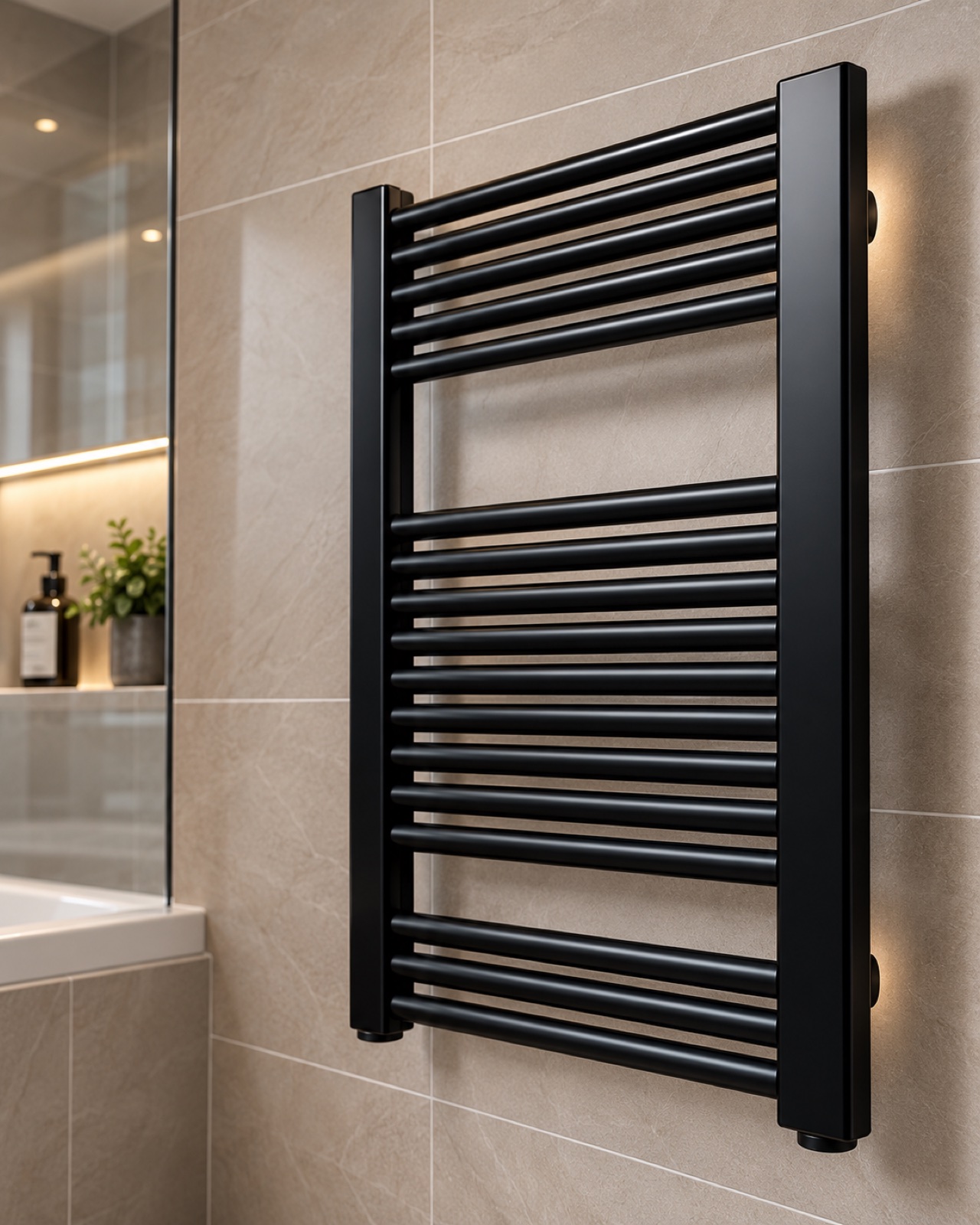 Matt-black heated towel rail installed in a tiled bathroom