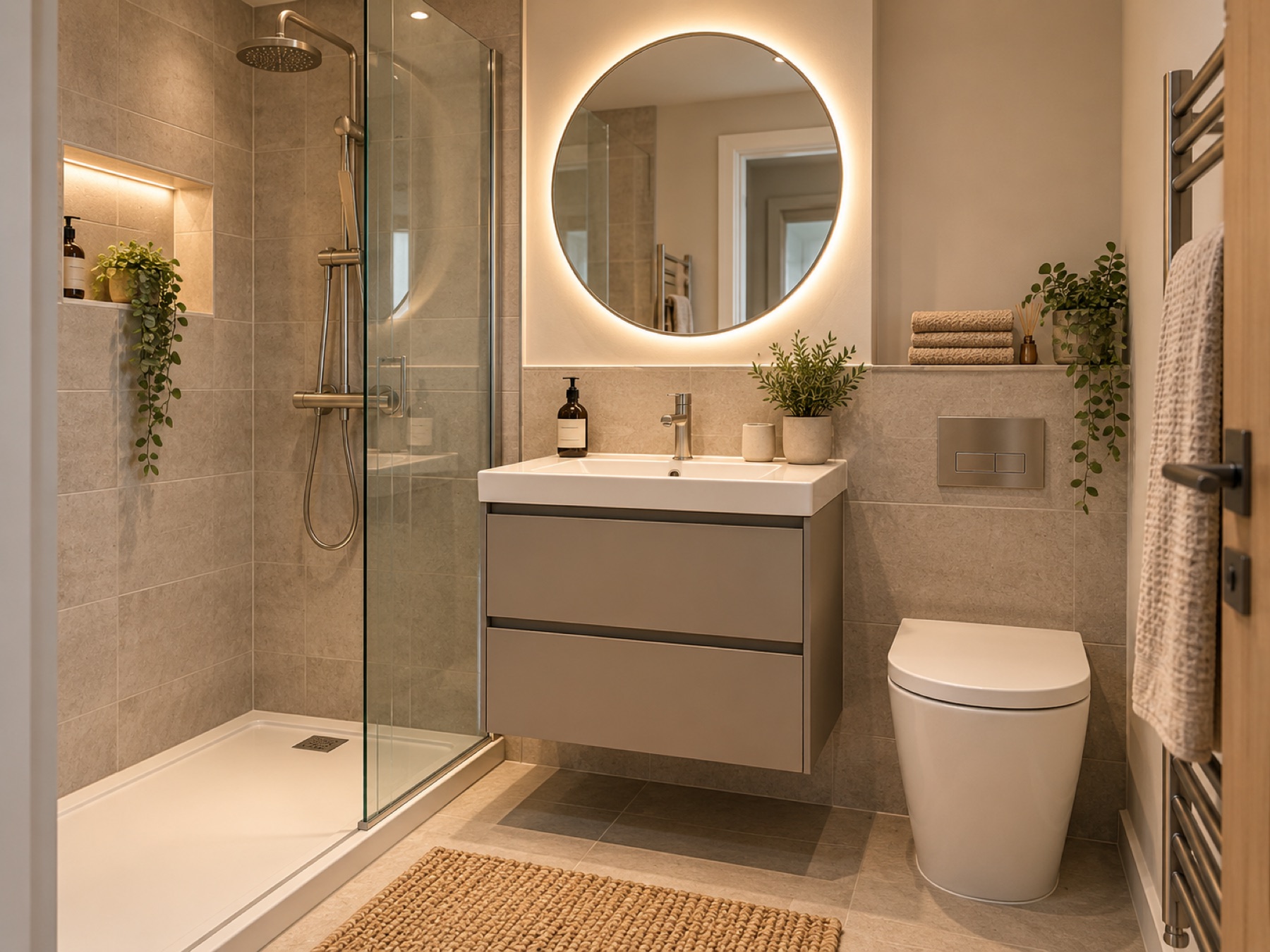 Warm modern ensuite bathroom designed and installed in the North East