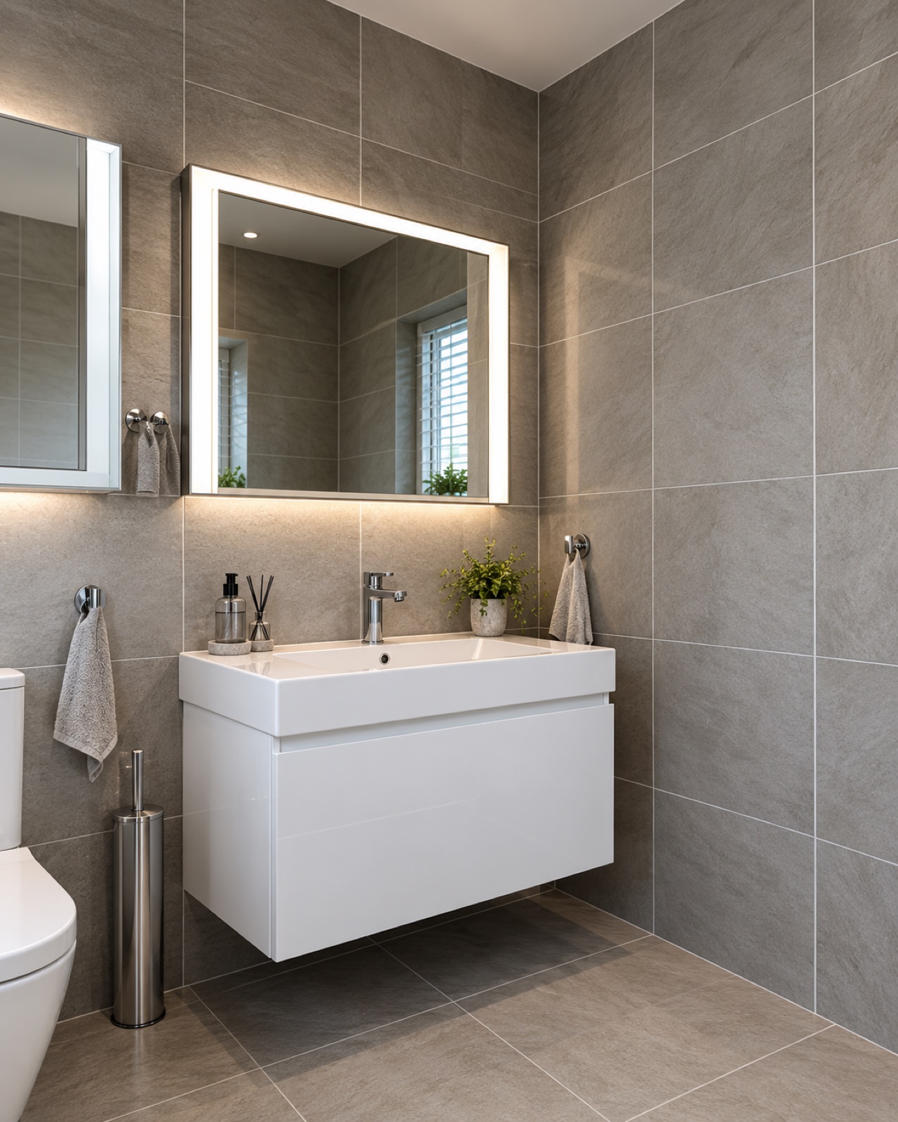 Compact ensuite bathroom with full-height tiling and illuminated mirror