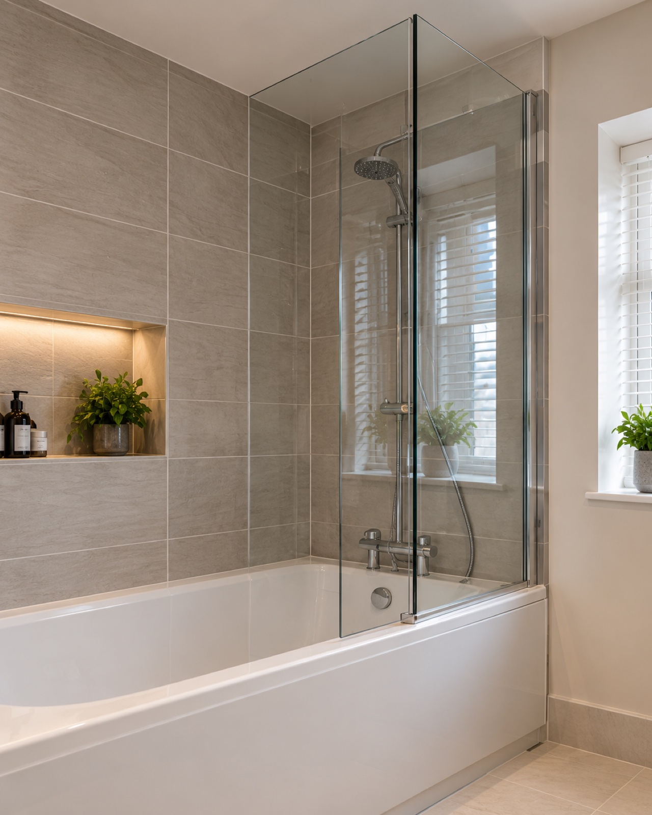 Rainfall shower over bath with full-height neutral tiling